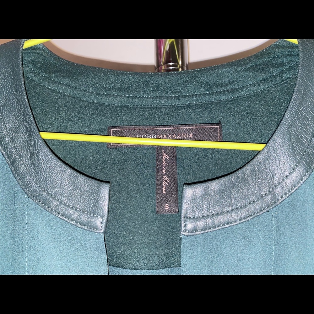 BCBG forest green dress with leather detailing